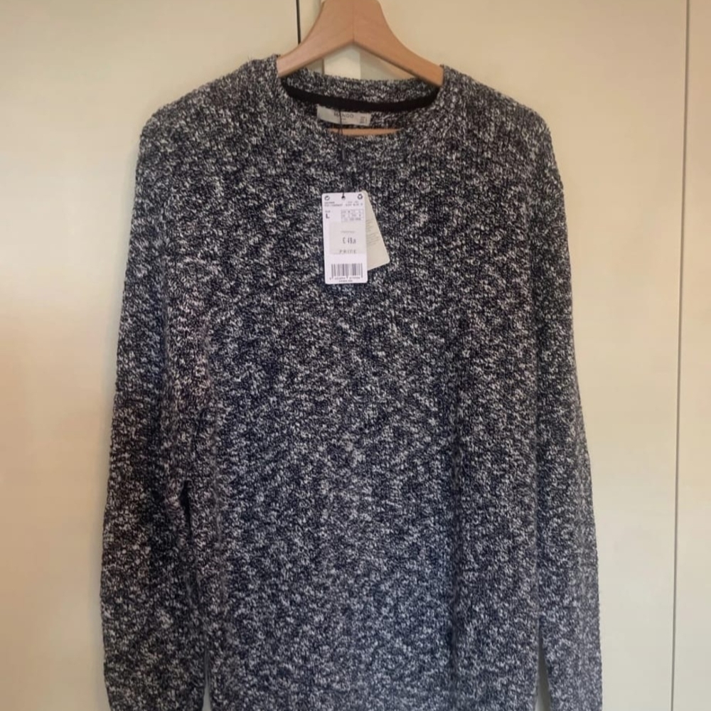 Black and White Crewneck Sweater with Textured Knit
